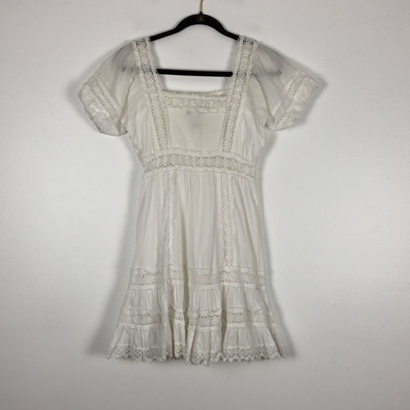 Vintage white short puff sleeve crochet lace square neck mini dress 8 - Picture 6 of 9